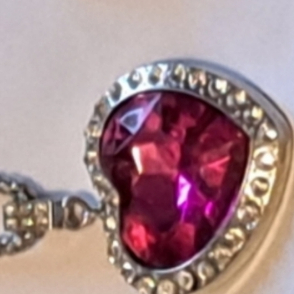 Crystal CZ Red Pink Heart Necklace Rhinestone Silver 18-22" chain NEW NWT - Picture 6 of 15